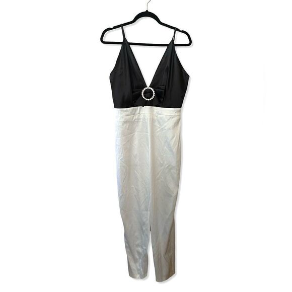 NBD Quenby Jumpsuit Black & Ivory satin bow accent one piece party Revolve L - Picture 9 of 13